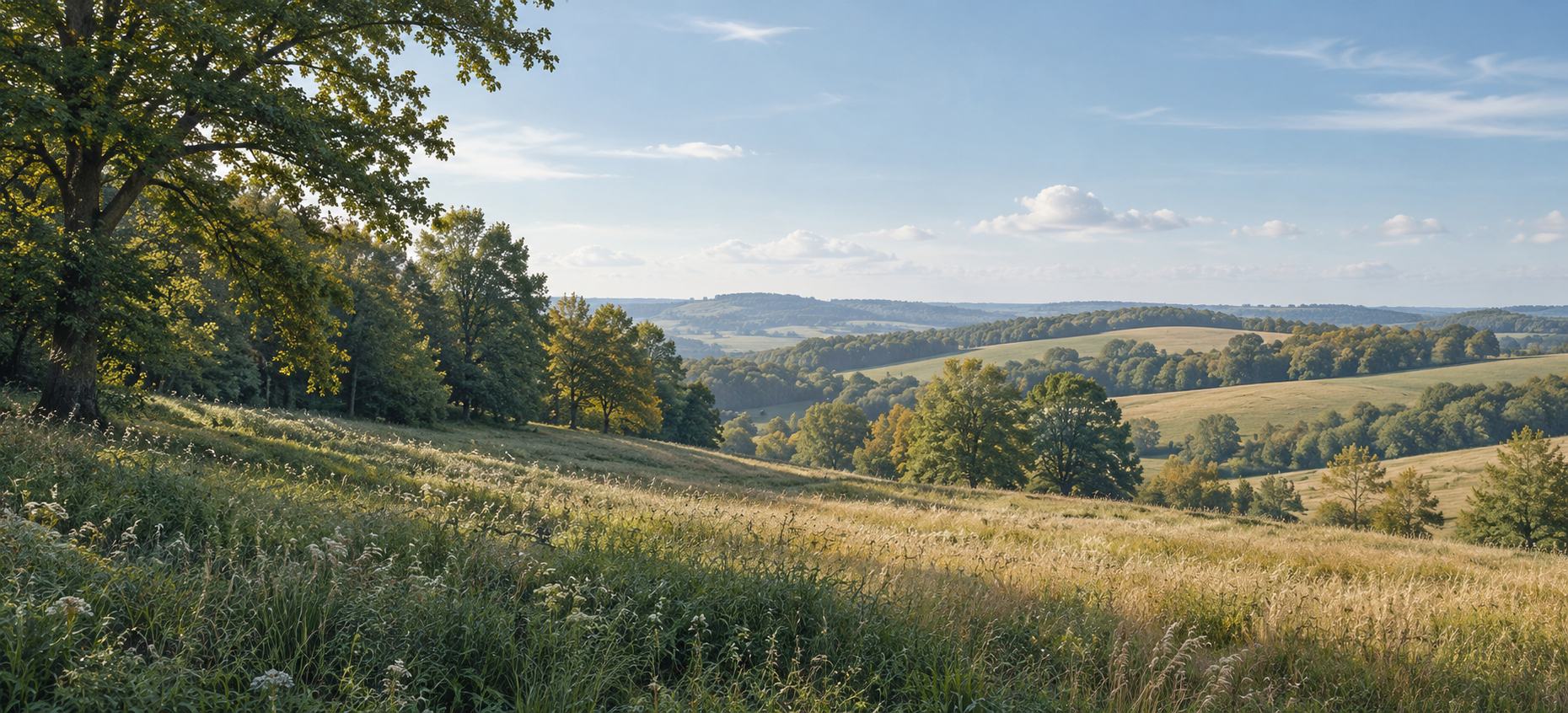 An illustrated southern Wisconsin countryside with meadows and mature trees